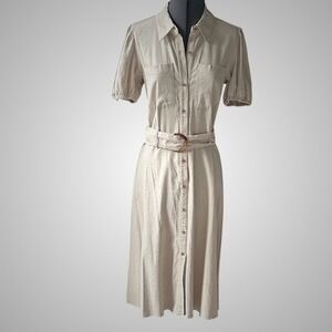 LC Lauren Conrad Linen Blend Shirtdress Belted Button Front Short Sleeve Beige M